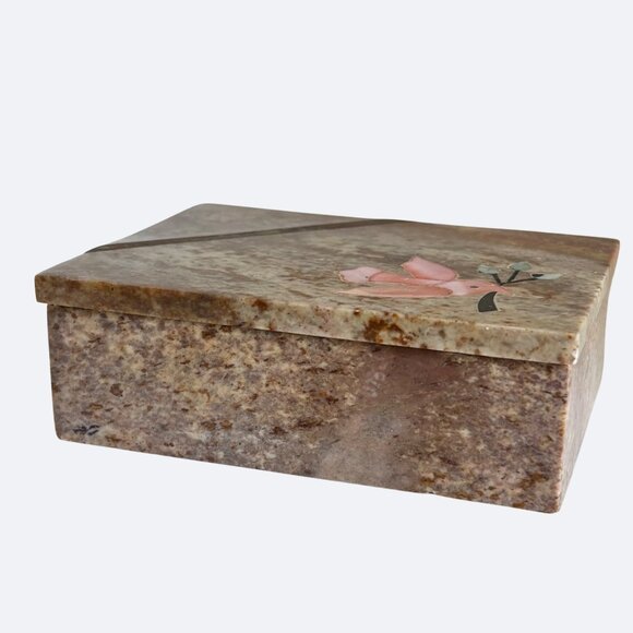 Vintage Marble Jewelry Trinket Box Inlaid Pink Bird Dove and Brass Design‎ - Picture 5 of 7